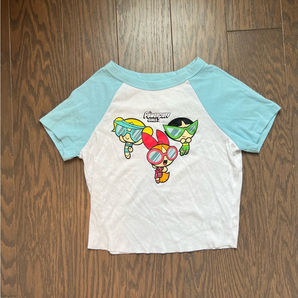 PacSun White Crop Tee with Light Blue Raglan Sleeves & Powerpuff Graphic